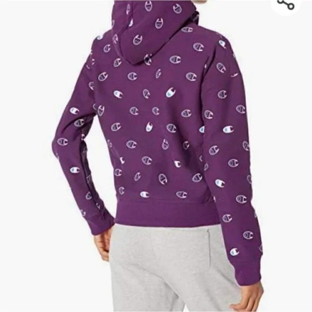 Champion Size M Reverse Weave All Over Logo Print Hoodie - Picture 4 of 13